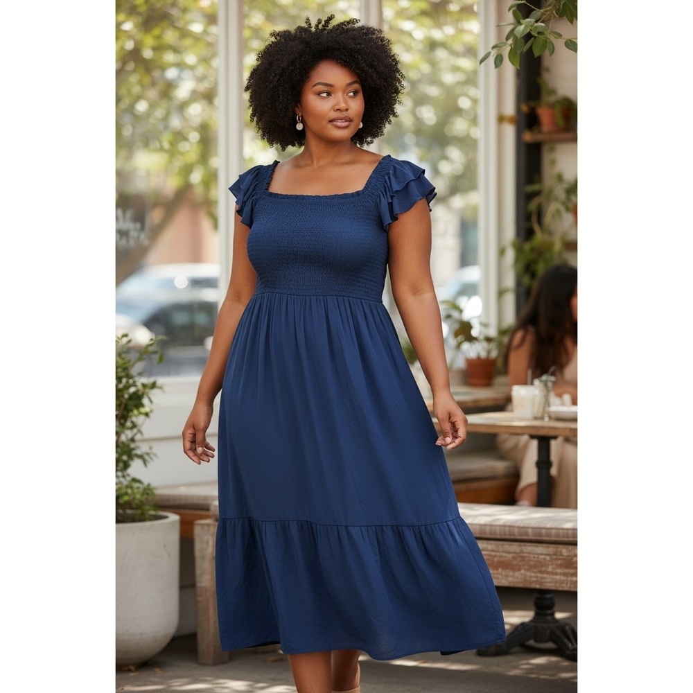 Tiered Midi Nap Dress Smocked Ruffle Cap Sleeve XXL Boho Cottagecore Casual Chic